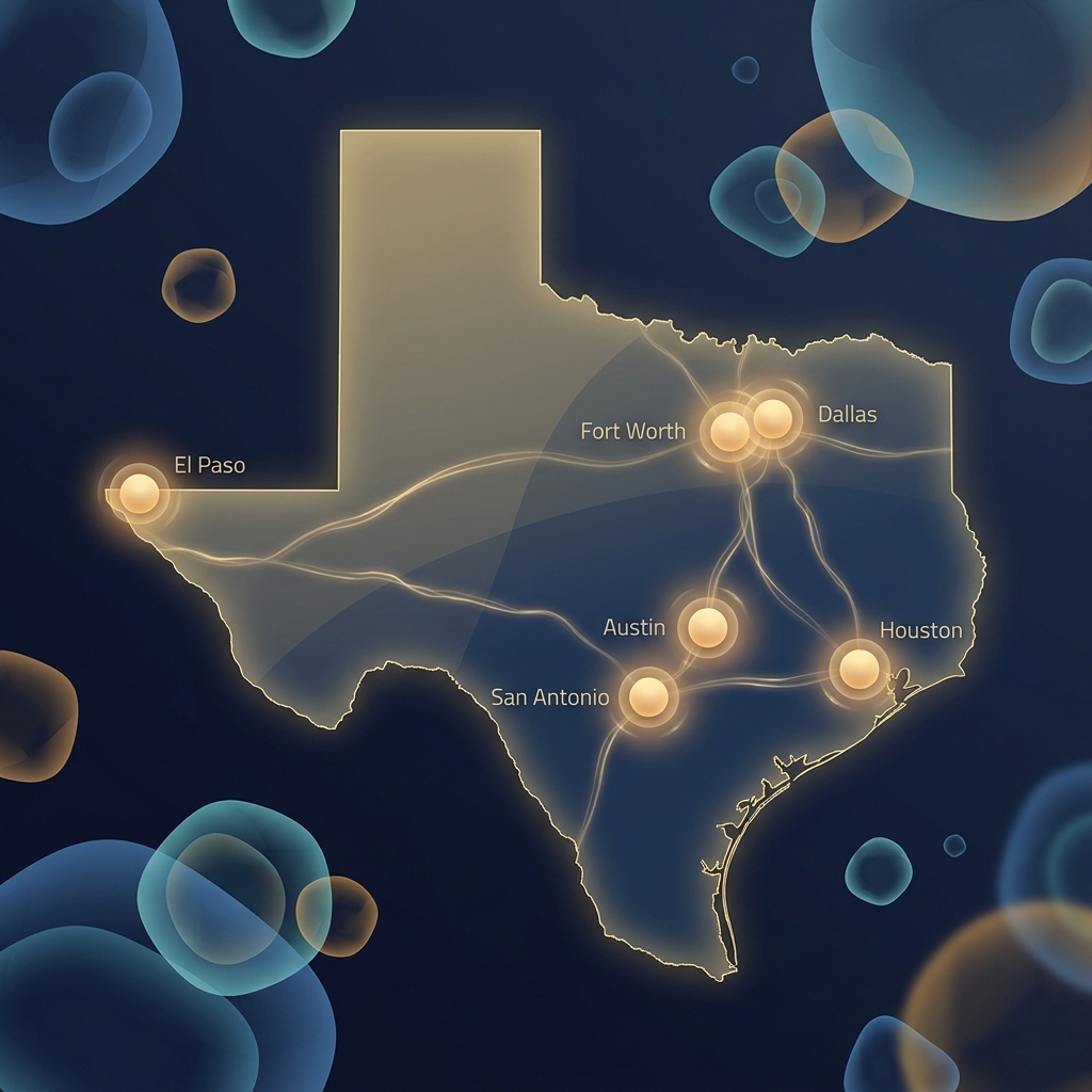 Illustrated Texas map showing six glowing city locations for a regenerative medicine clinic near me Texas search