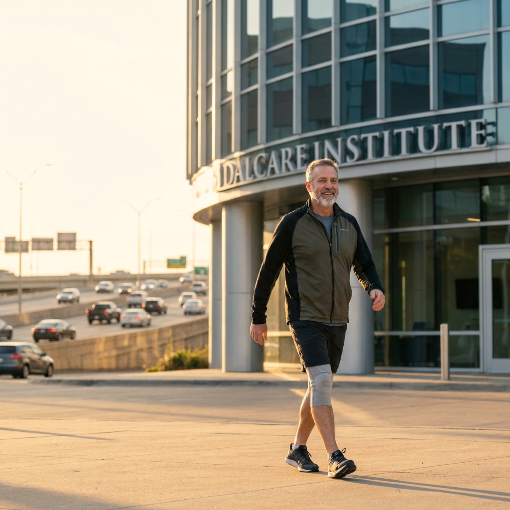 Active patient walking confidently near a modern regenerative orthopedics clinic in Dallas TX along the LBJ Freeway corridor