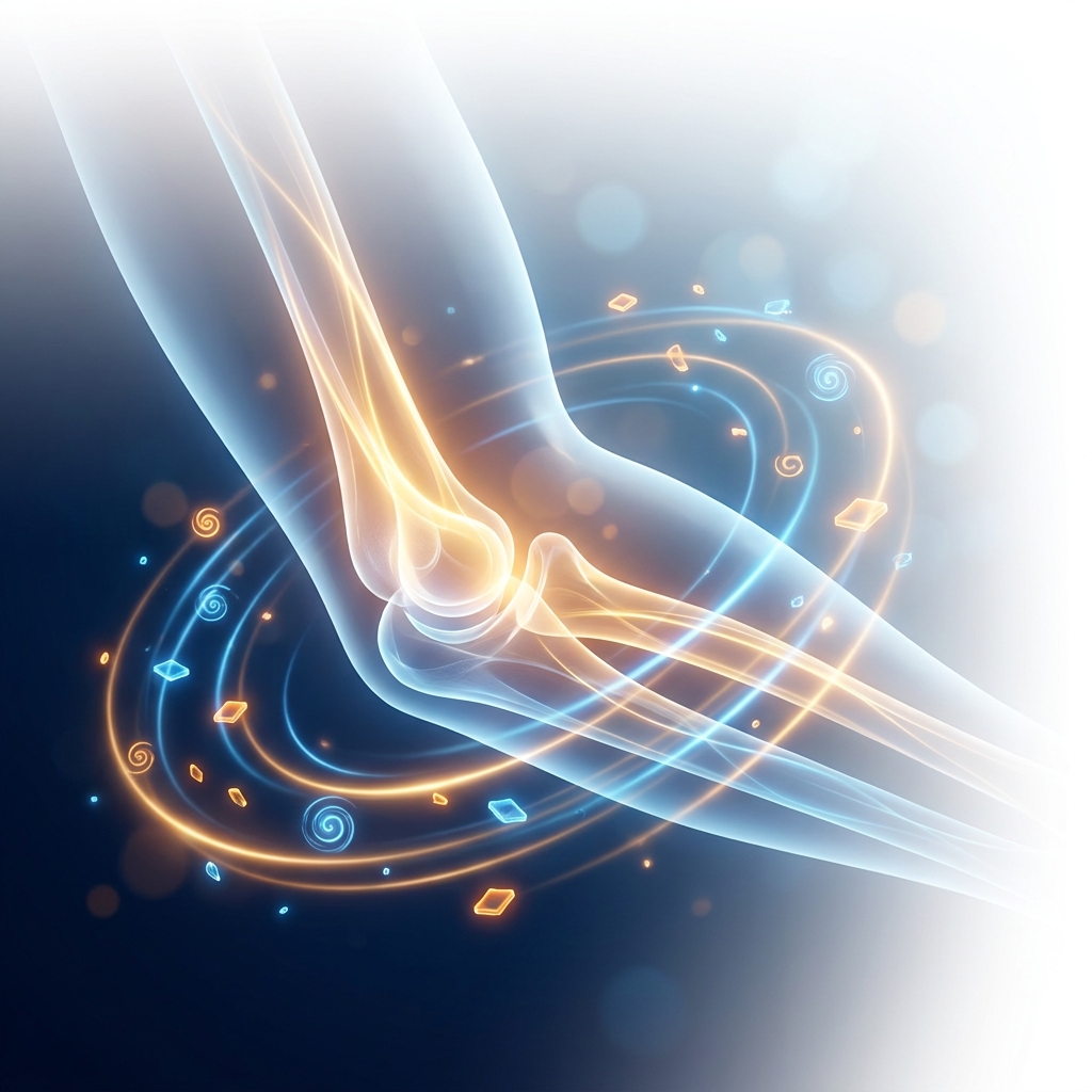 Stylized illustration of elbow joint healing with glowing energy, representing PRP therapy for elbow tendinopathy