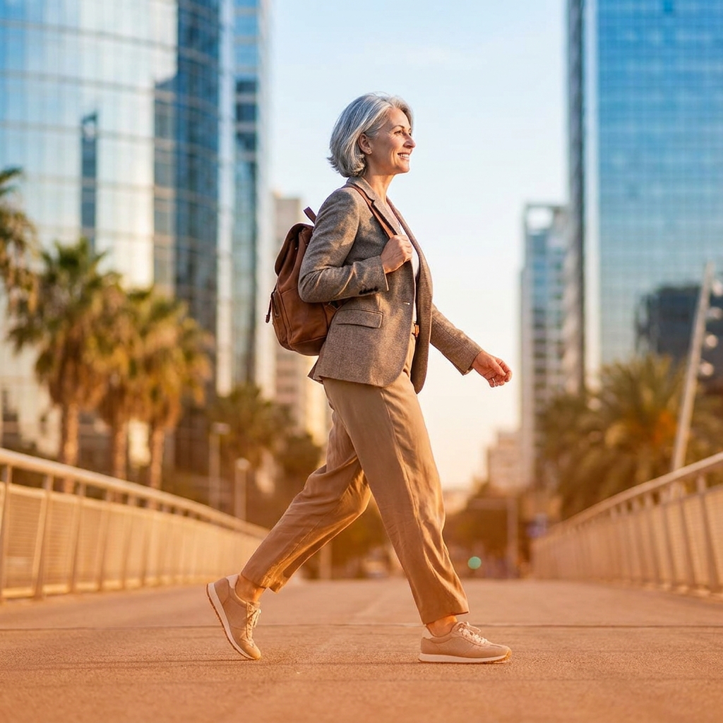 Active person walking pain-free in a modern city, representing non surgical treatment for joint pain near me