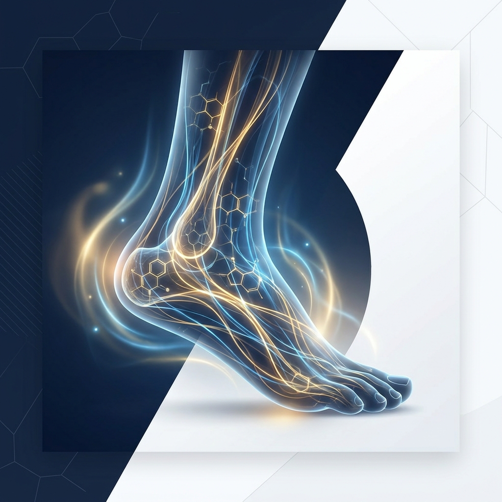 Glowing foot illustration representing foot pain regenerative injection treatment and cellular healing
