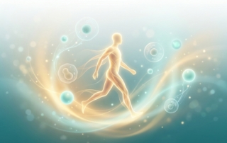 Glowing human figure walking freely surrounded by regenerative cellular particles, representing pain stem cell therapy outcomes.