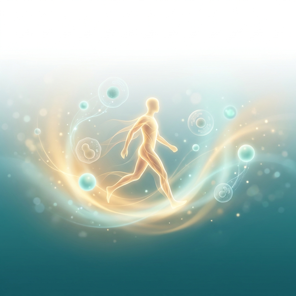 Glowing human figure walking freely surrounded by regenerative cellular particles, representing pain stem cell therapy outcomes.