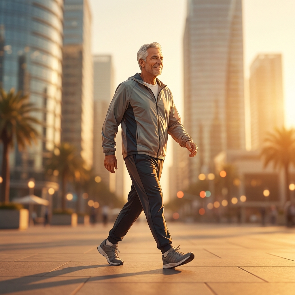 Active senior man walking confidently in Houston TX, representing outcomes of regenerative orthopedics treatment
