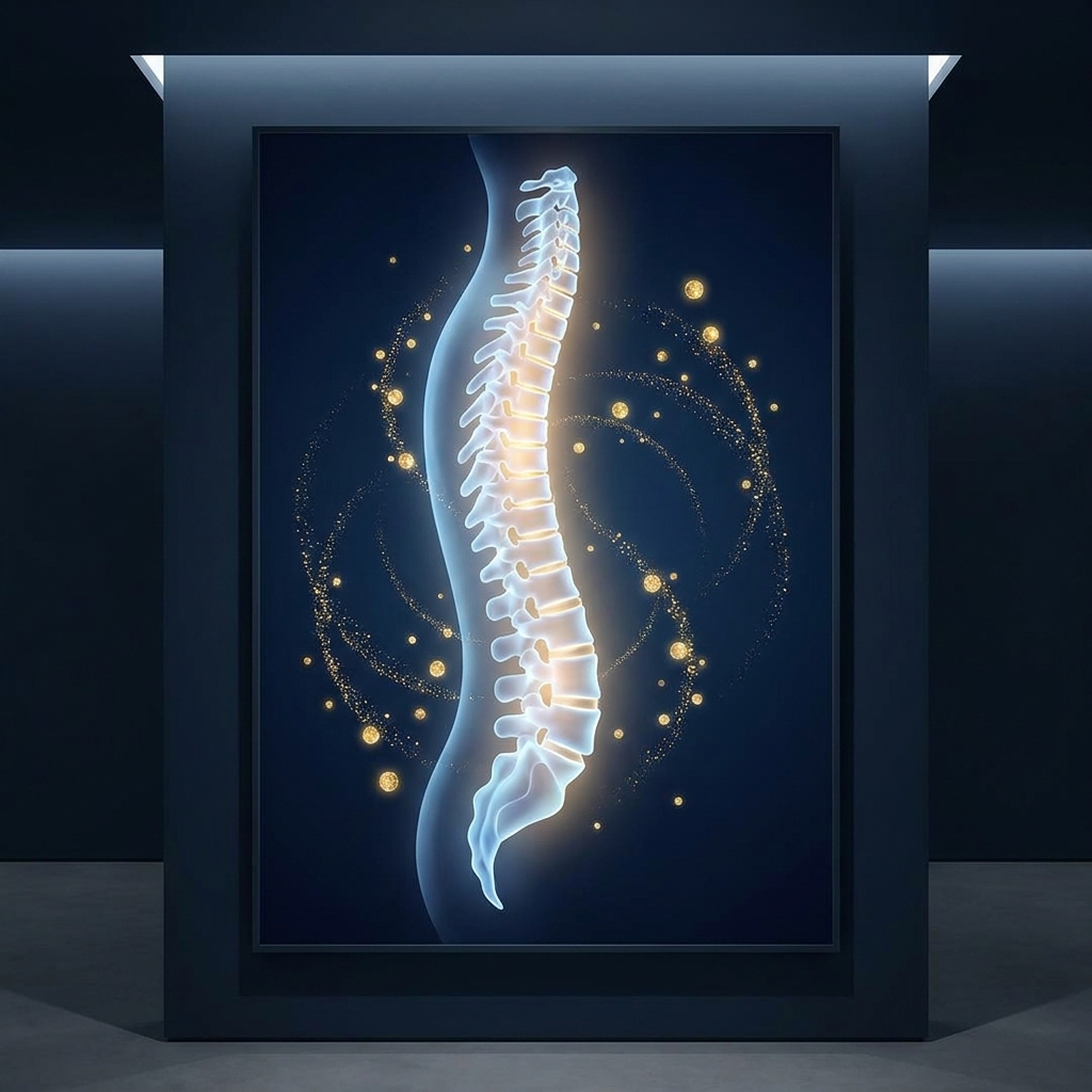 Glowing spine illustration representing stem cell therapy for back pain and spinal regeneration