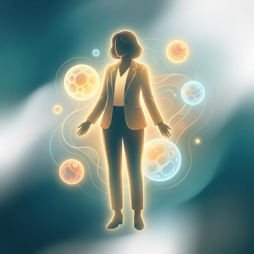Illustration representing regenerative medicine orthopedics with a confident figure surrounded by healing cellular energy
