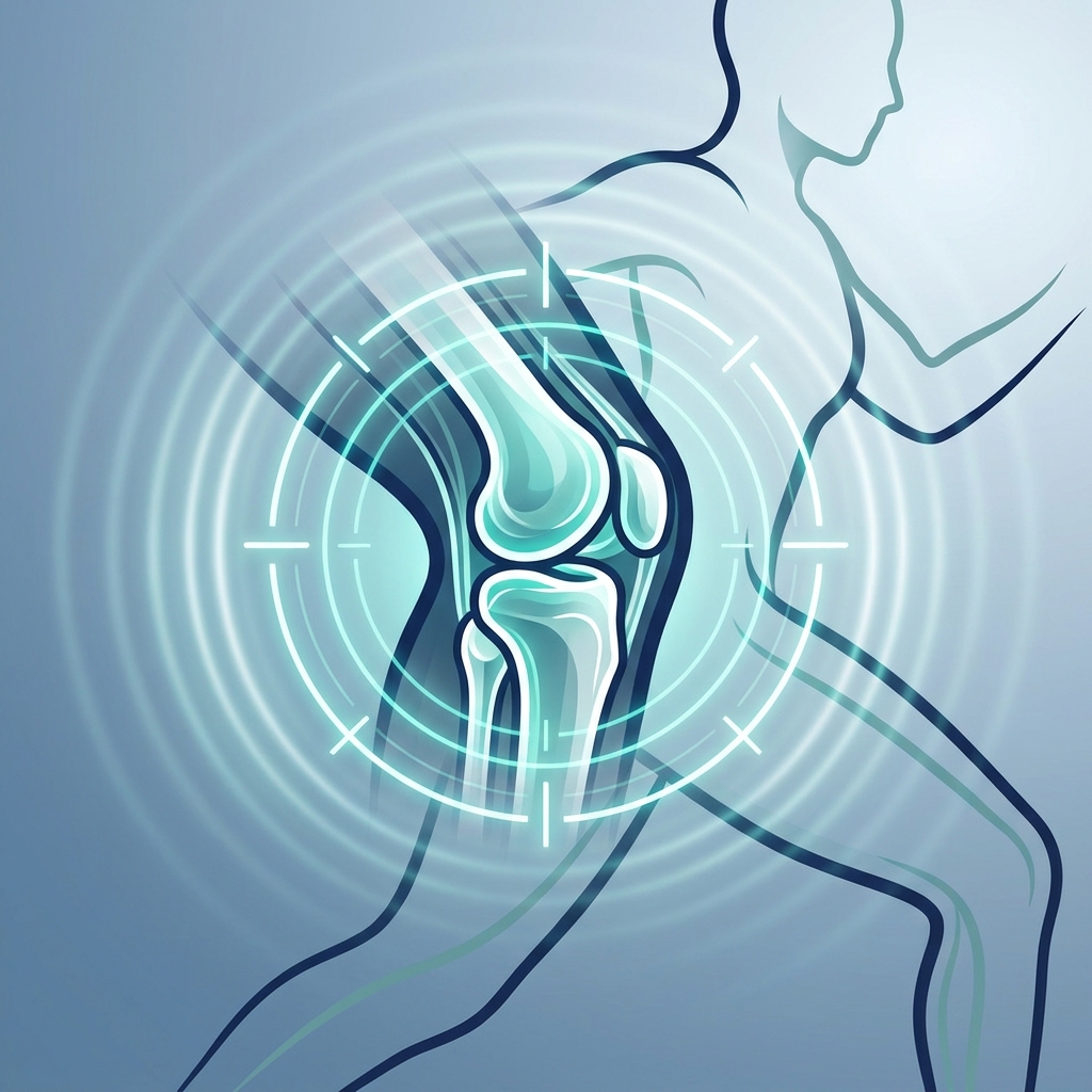 Stylized illustration showing guided joint injection imaging benefits with precision targeting and anatomical clarity