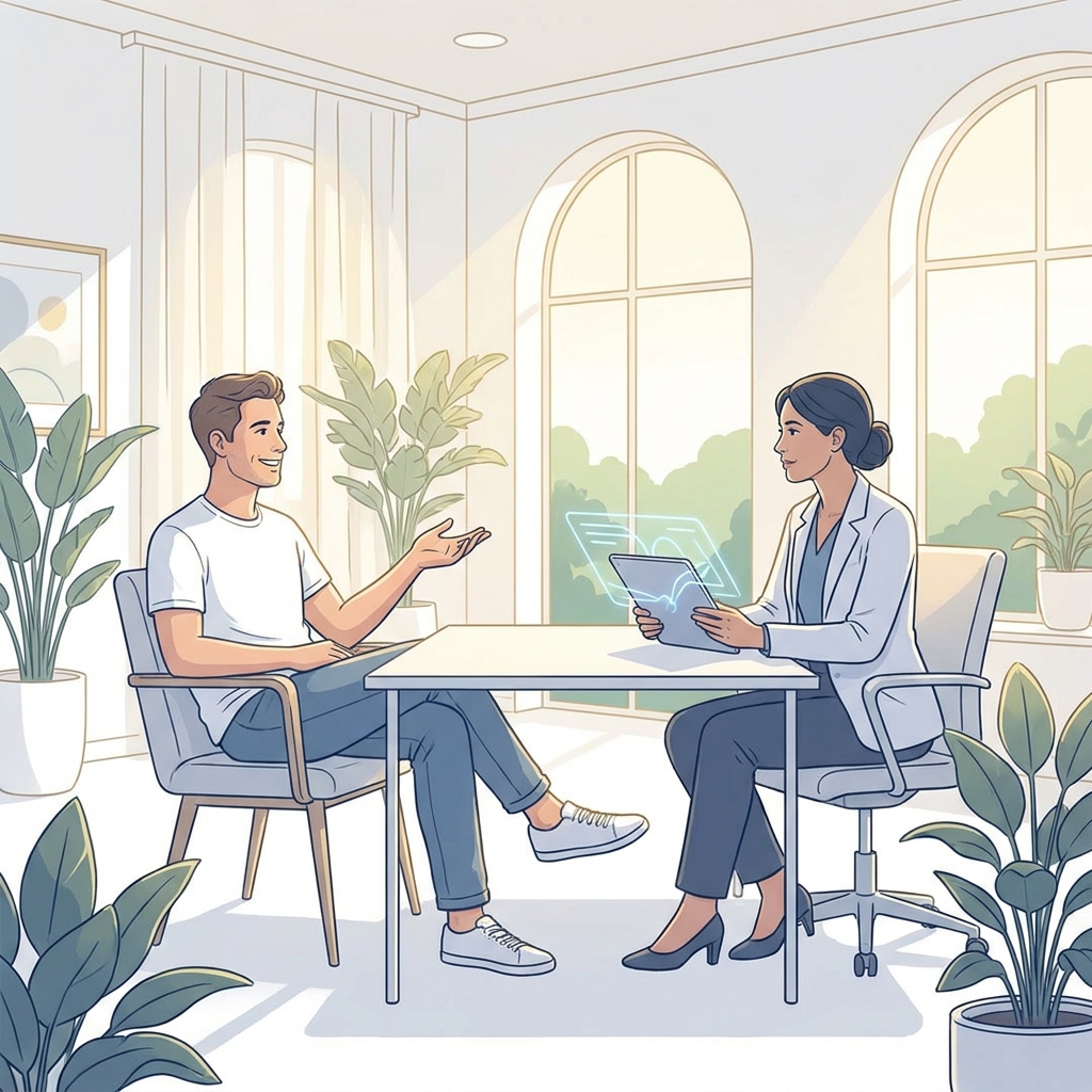 Patient consulting with a physician about how stem cell therapy is performed in a modern medical office