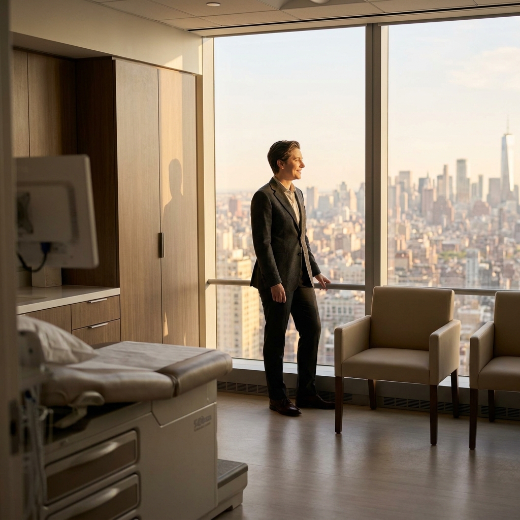 Patient experiencing relief from joint pain treatment at Manhattan New York clinic with NYC skyline view