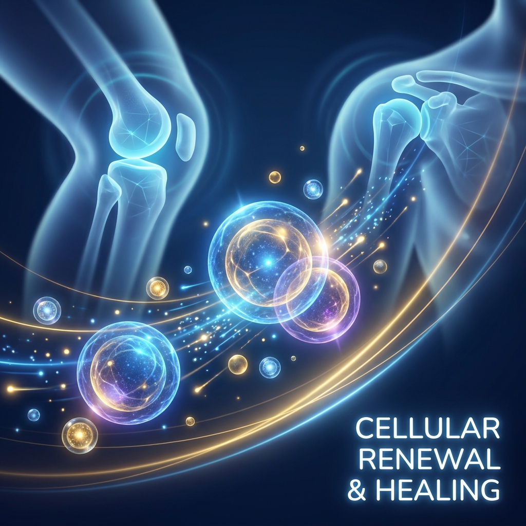 Stylized illustration of glowing exosome vesicles representing exosome therapy orthopedic applications for tissue regeneration