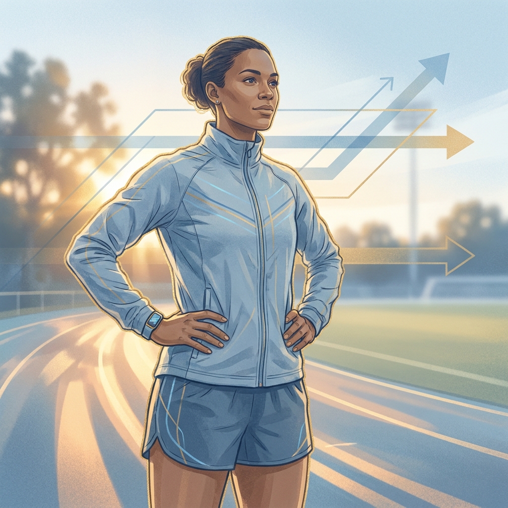 Athlete confidently ready to return to sport after PRP injection recovery, standing on sunlit track at golden hour