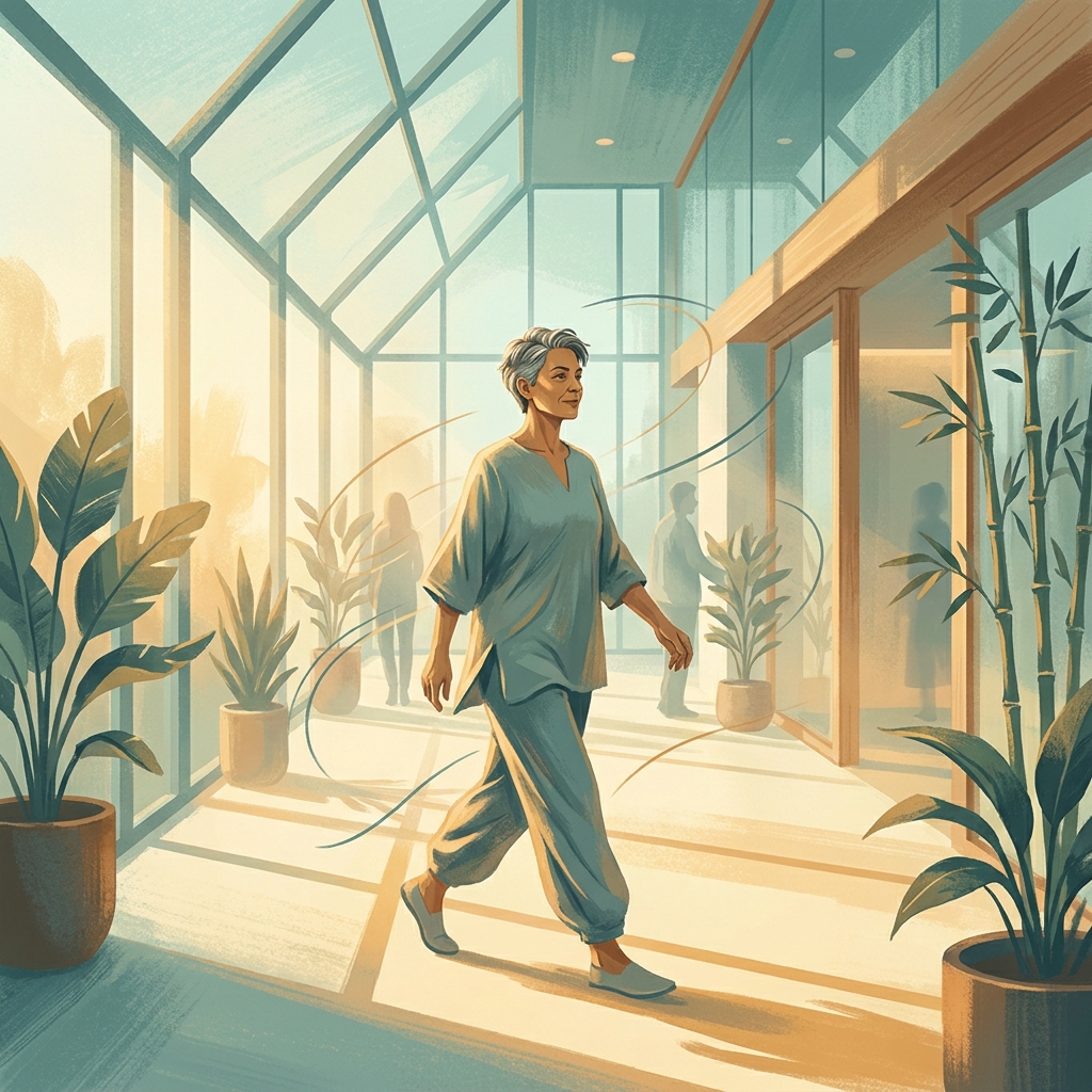 Person walking confidently in a modern wellness clinic, representing non surgical treatment for bone on bone hip recovery.