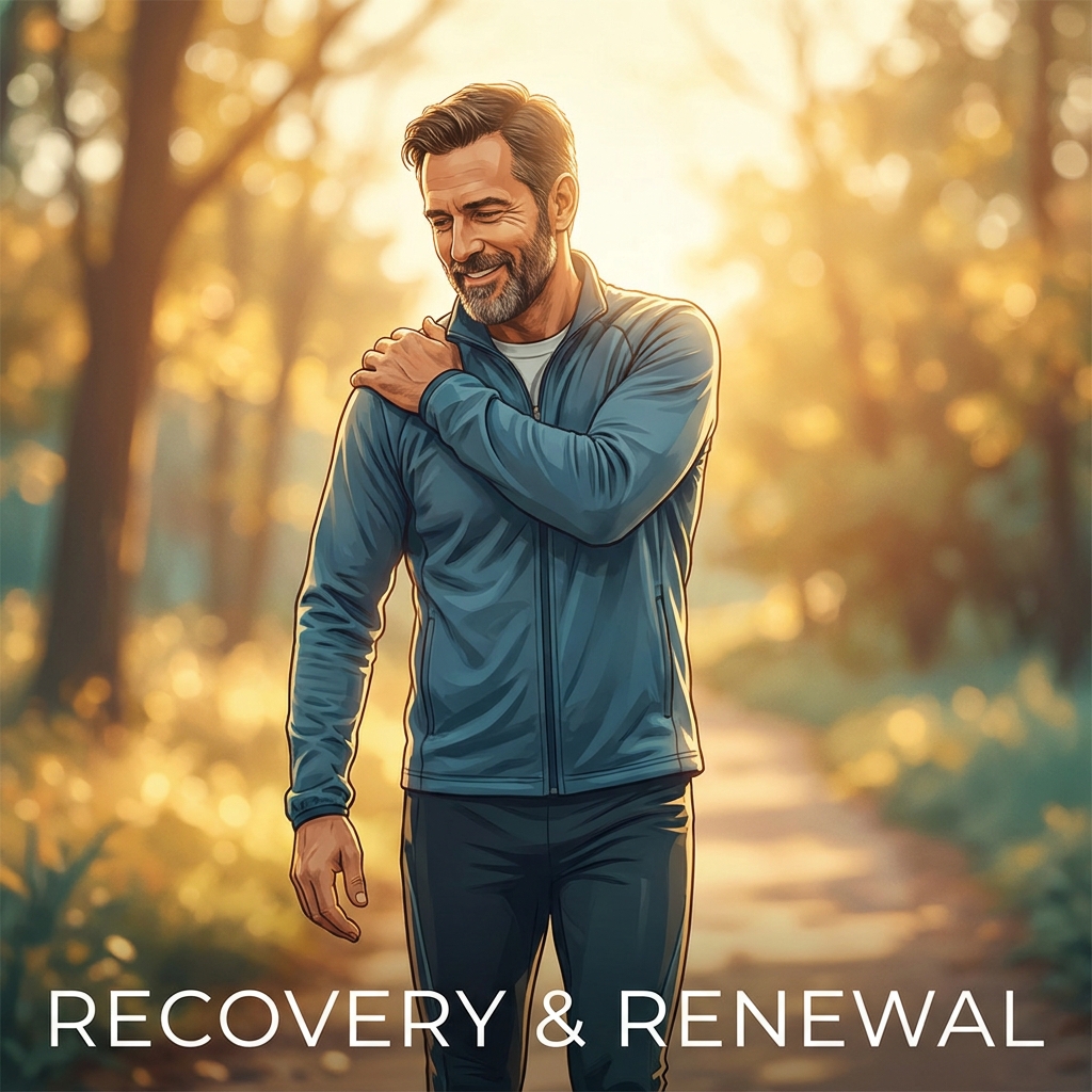 Man confidently moving his shoulder outdoors, representing rotator cuff tear without surgery recovery time success.