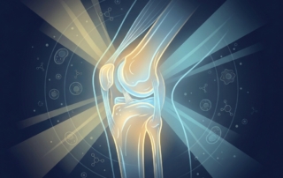 Glowing anatomical illustration of a knee joint representing understanding and treatment of knee on knee pain