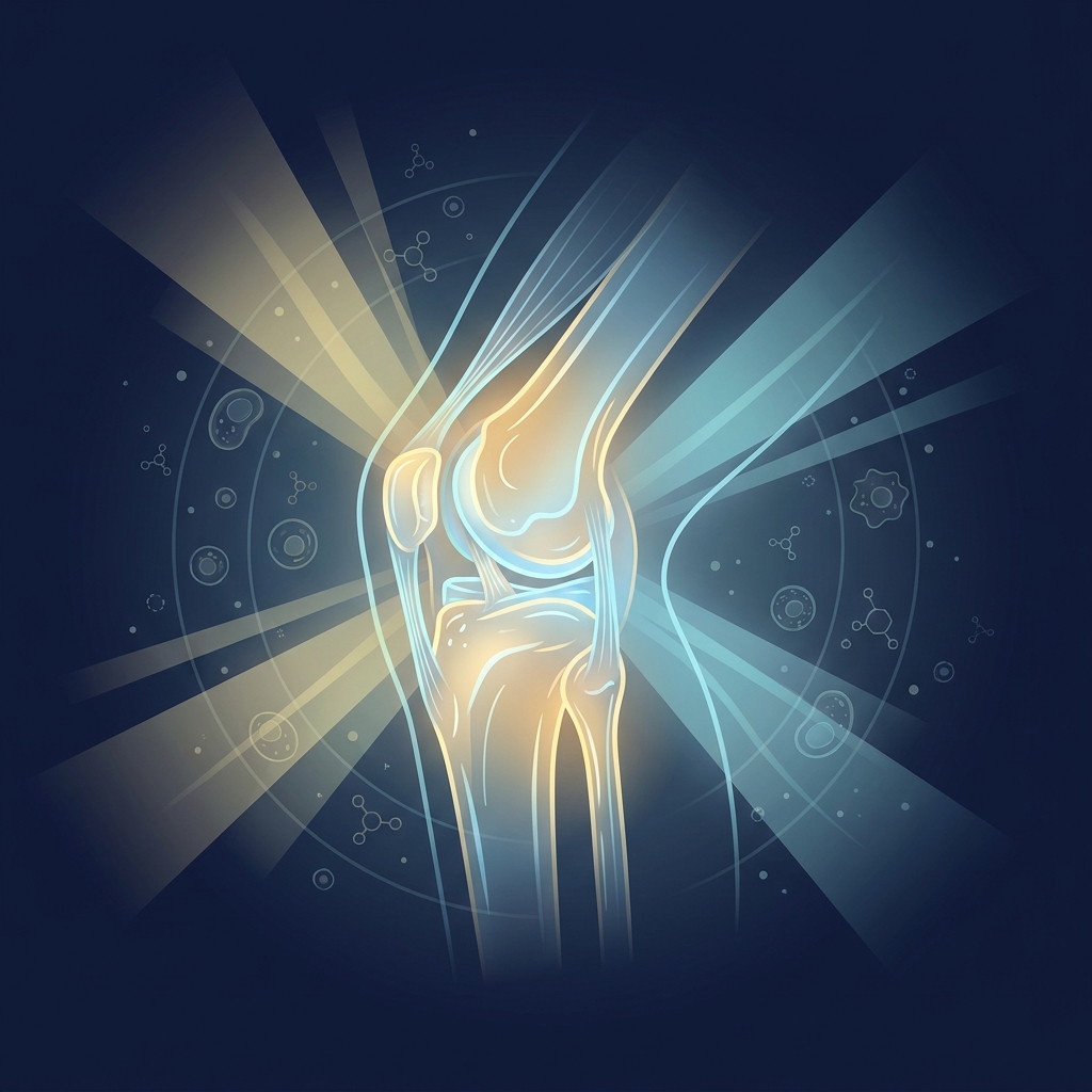 Glowing anatomical illustration of a knee joint representing understanding and treatment of knee on knee pain