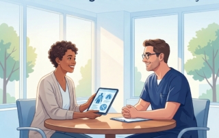 Patient consulting with physician using a knee pain diagnosis guide, modern medical office setting