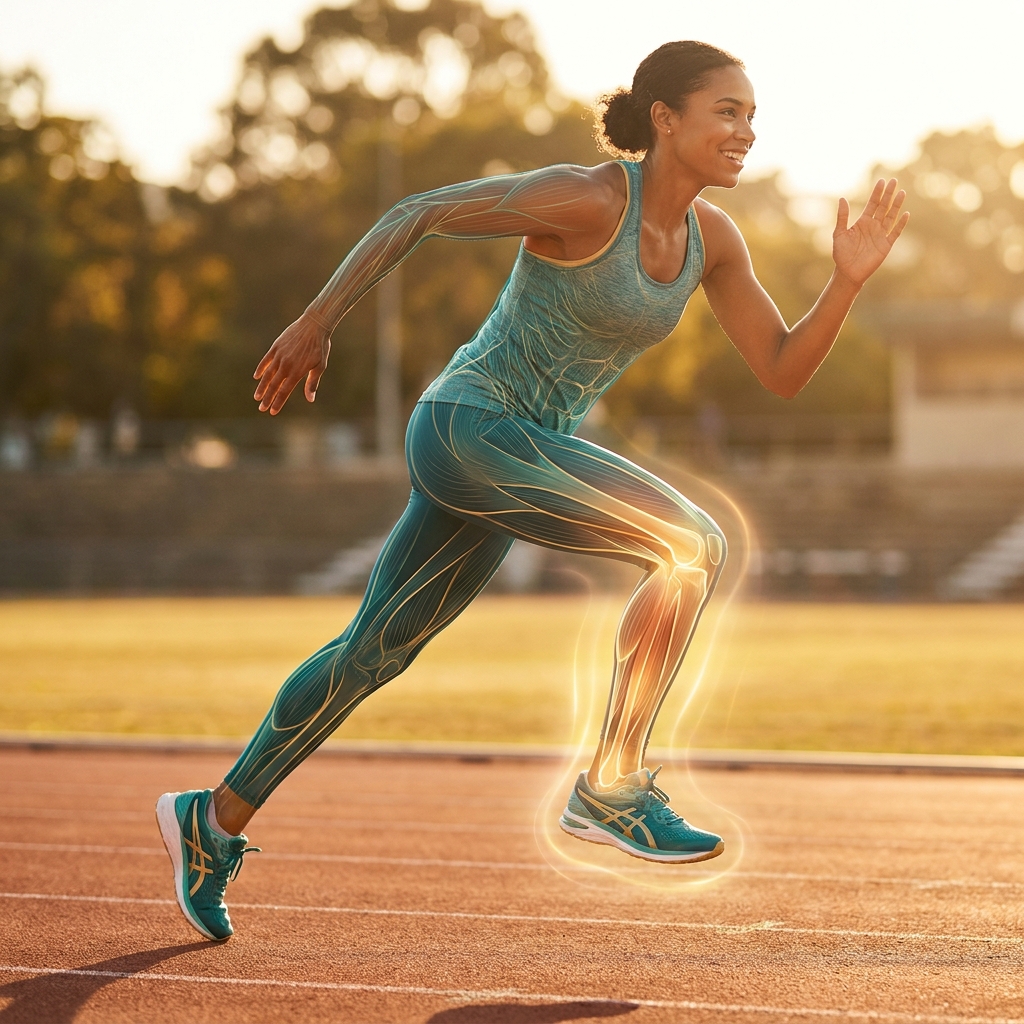 Athlete running confidently with glowing ankle symbolizing ankle instability regenerative treatment and recovery