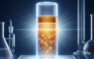 Stylized illustration of blood sample layers separating in a vial, representing how PRP is prepared from a blood sample