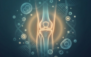 Glowing knee joint illustration representing stem cell therapy outcomes for knee pain research