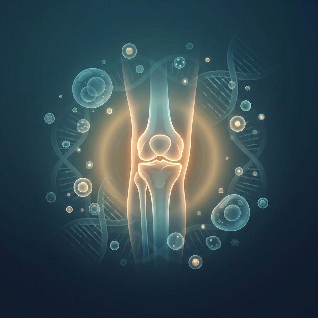 Glowing knee joint illustration representing stem cell therapy outcomes for knee pain research