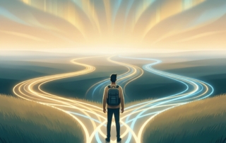 Person at a glowing crossroads choosing a path forward, representing orthopedic care after failed surgery decisions.