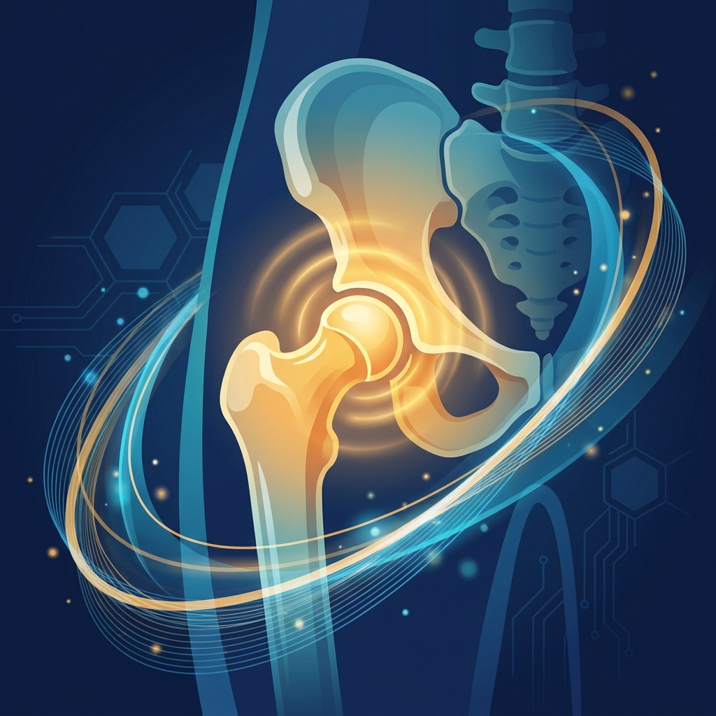 Stylized illustration of a hip joint with regenerative energy, representing trochanteric bursitis injection treatment options