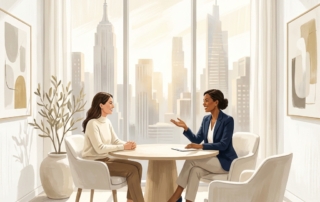 Modern regenerative orthopedic clinic Manhattan NY consultation room with city skyline view and professional physician