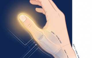 Illustrated hand highlighting thumb joint areas for thumb pain joint treatment diagnosis pathways