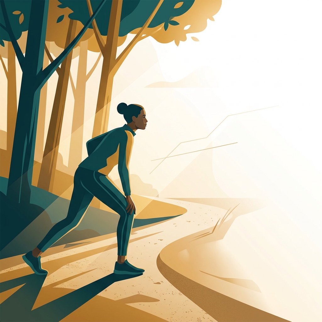 Runner pausing on trail at golden hour, calmly assessing knee pain after a run with confident composure