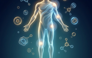 Glowing human figure with illuminated joints representing regenerative medicine for inflammatory joint conditions
