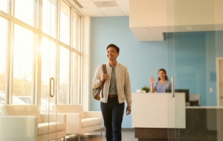 Patient arriving at modern clinic for same day joint injection appointment, bright welcoming interior