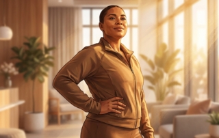 Person confidently standing in a modern wellness clinic, representing hip labrum tear treatment without surgery options.