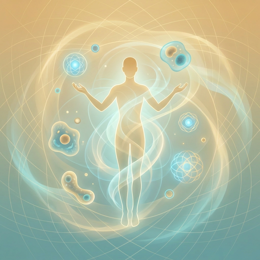 Glowing human figure surrounded by cellular energy, representing stem cells and regenerative medicine healing potential