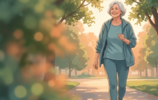 Active elderly woman walking confidently outdoors, representing alternatives to knee replacement for elderly patients