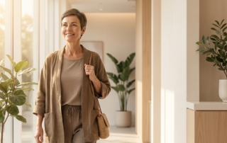 Person walking freely in a modern wellness clinic, representing pain relief knee replacement alternatives and restored mobility