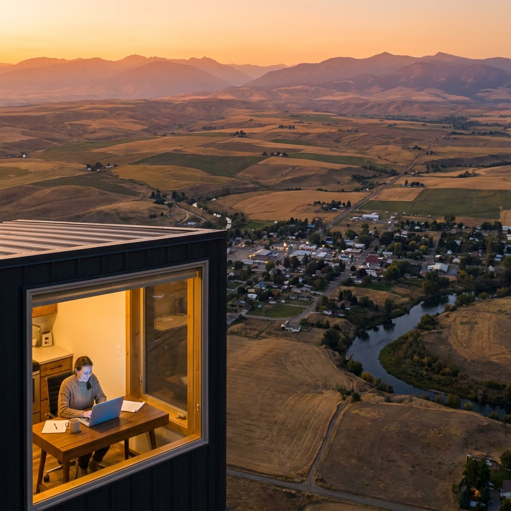 Rural Idaho landscape with a patient accessing Idaho regenerative medicine care via virtual consultation from home