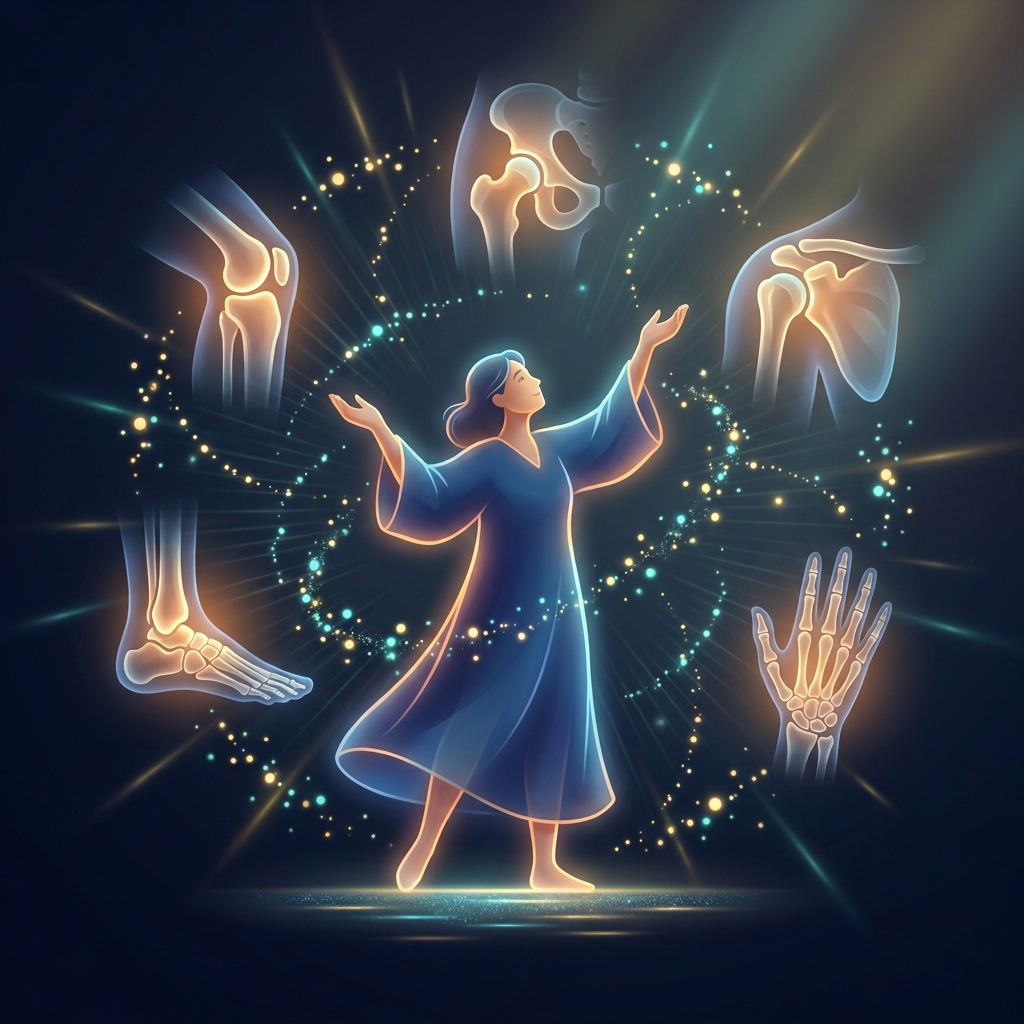 Stylized illustration representing arthritis stem cell therapy and joint regeneration across multiple body joints