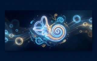 Stylized illustration of inner ear regeneration representing hearing loss stem cell therapy research and clinical progress.