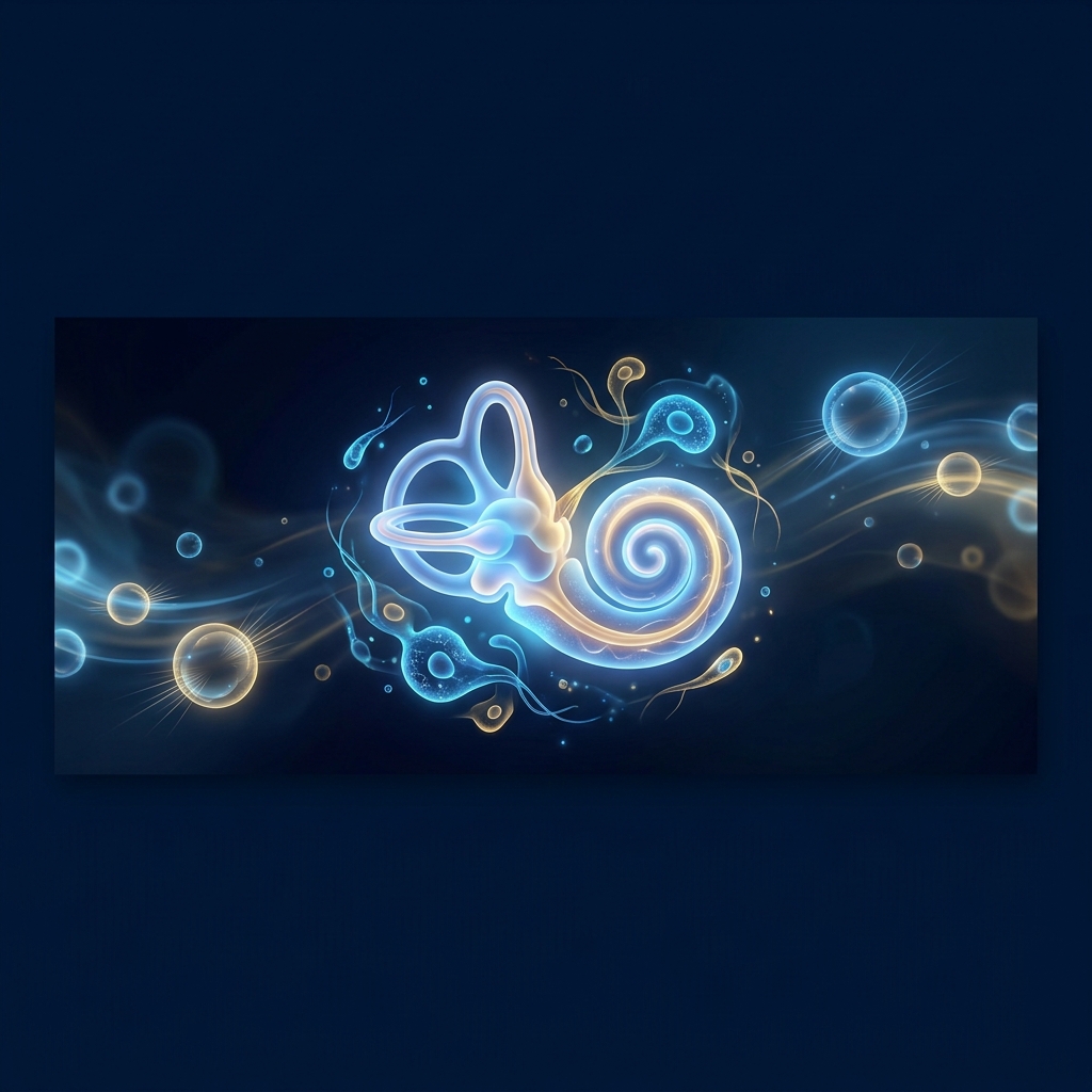 Stylized illustration of inner ear regeneration representing hearing loss stem cell therapy research and clinical progress.