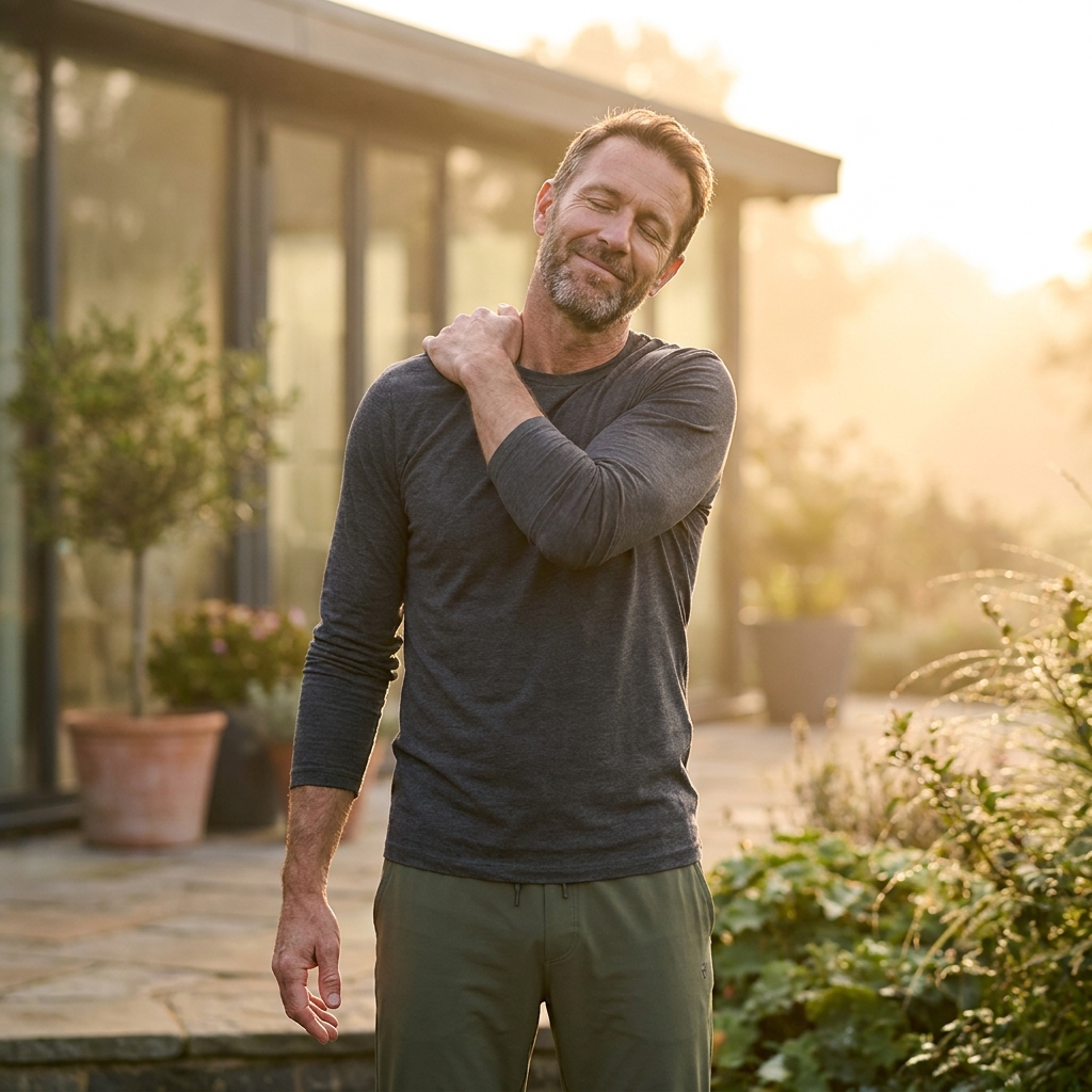 Man stretching shoulder outdoors, illustrating how to heal a torn rotator cuff naturally