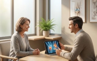 Patient and doctor discussing platelet-rich plasma injection for knee osteoarthritis treatment options