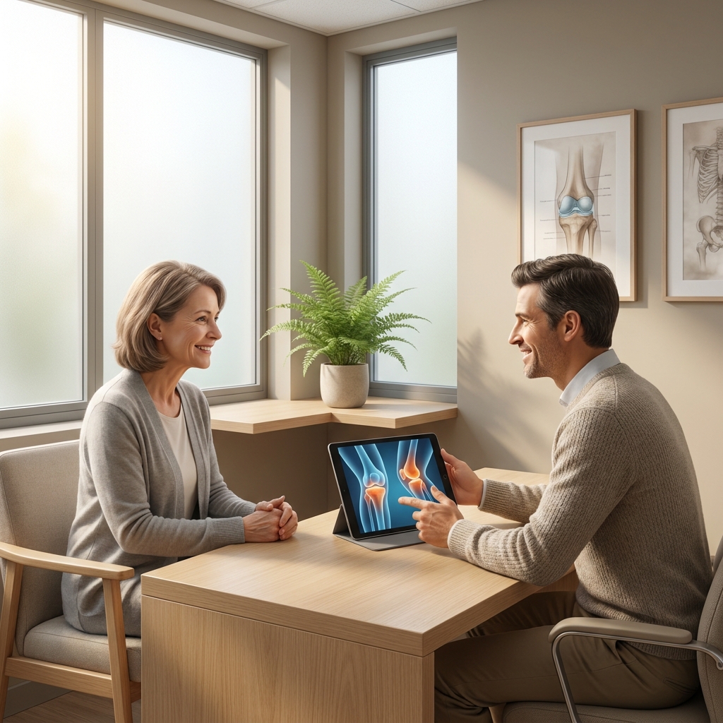 Patient and doctor discussing platelet-rich plasma injection for knee osteoarthritis treatment options
