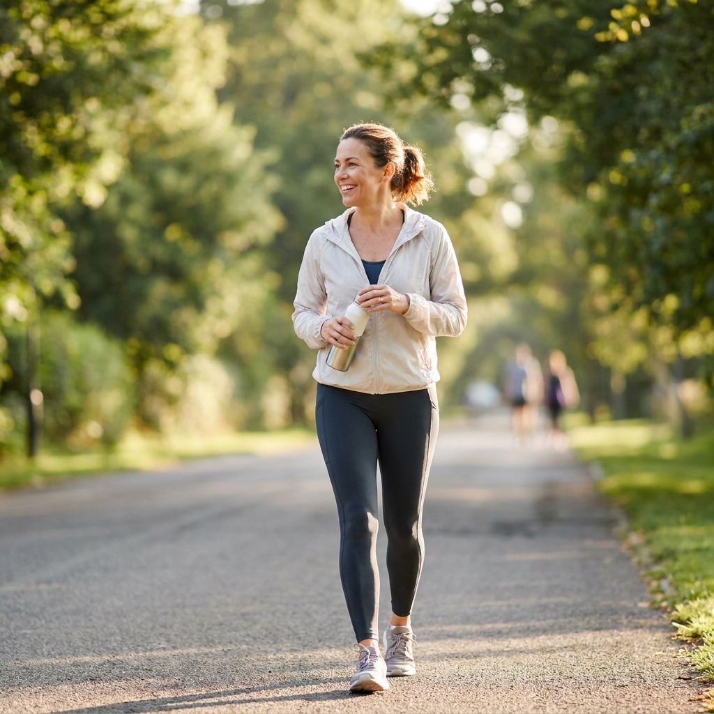 Woman walking confidently outdoors, symbolizing platelet rich plasma injection recovery time