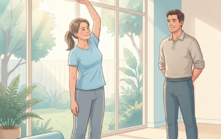 Patient performing guided shoulder stretch during physical therapy treatment for rotator cuff injury