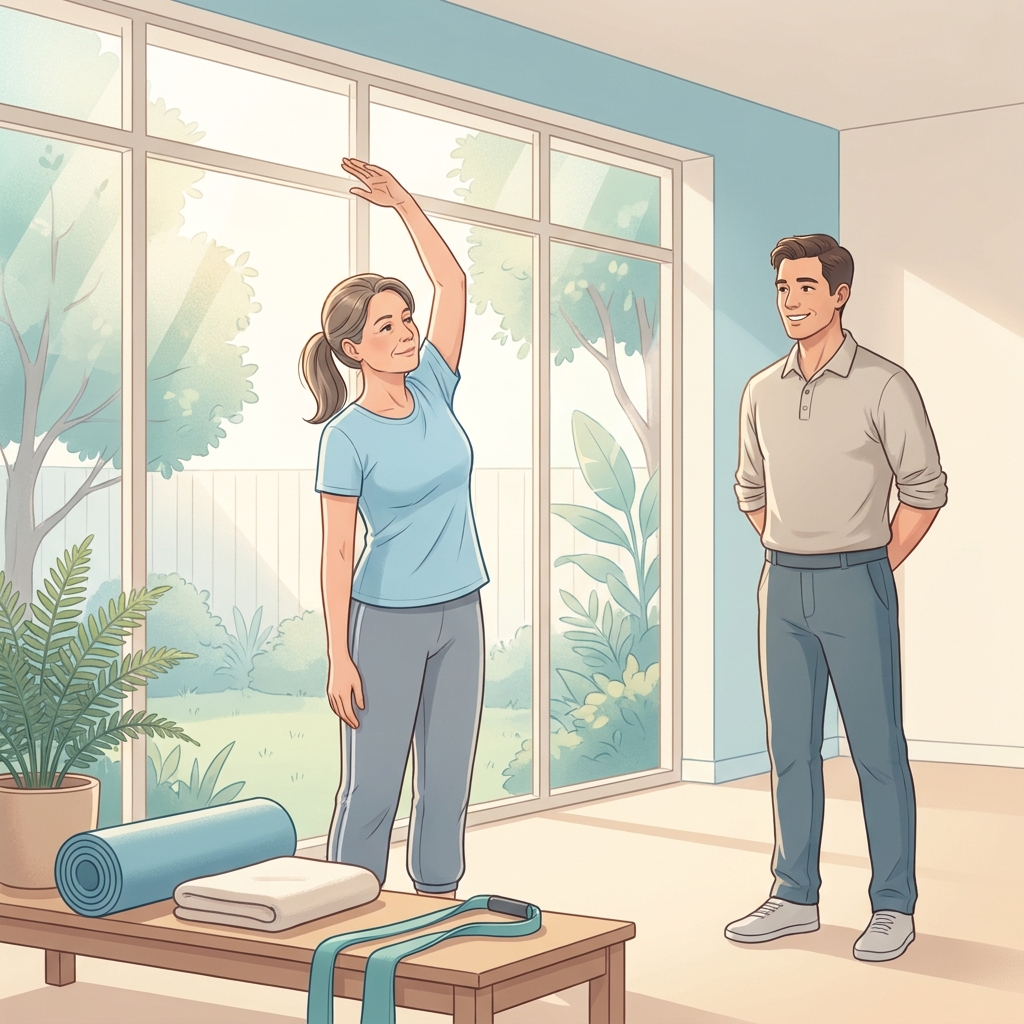 Patient performing guided shoulder stretch during physical therapy treatment for rotator cuff injury