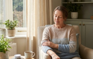 Person calmly holding their shoulder at home, representing rotator cuff injury treatment home care