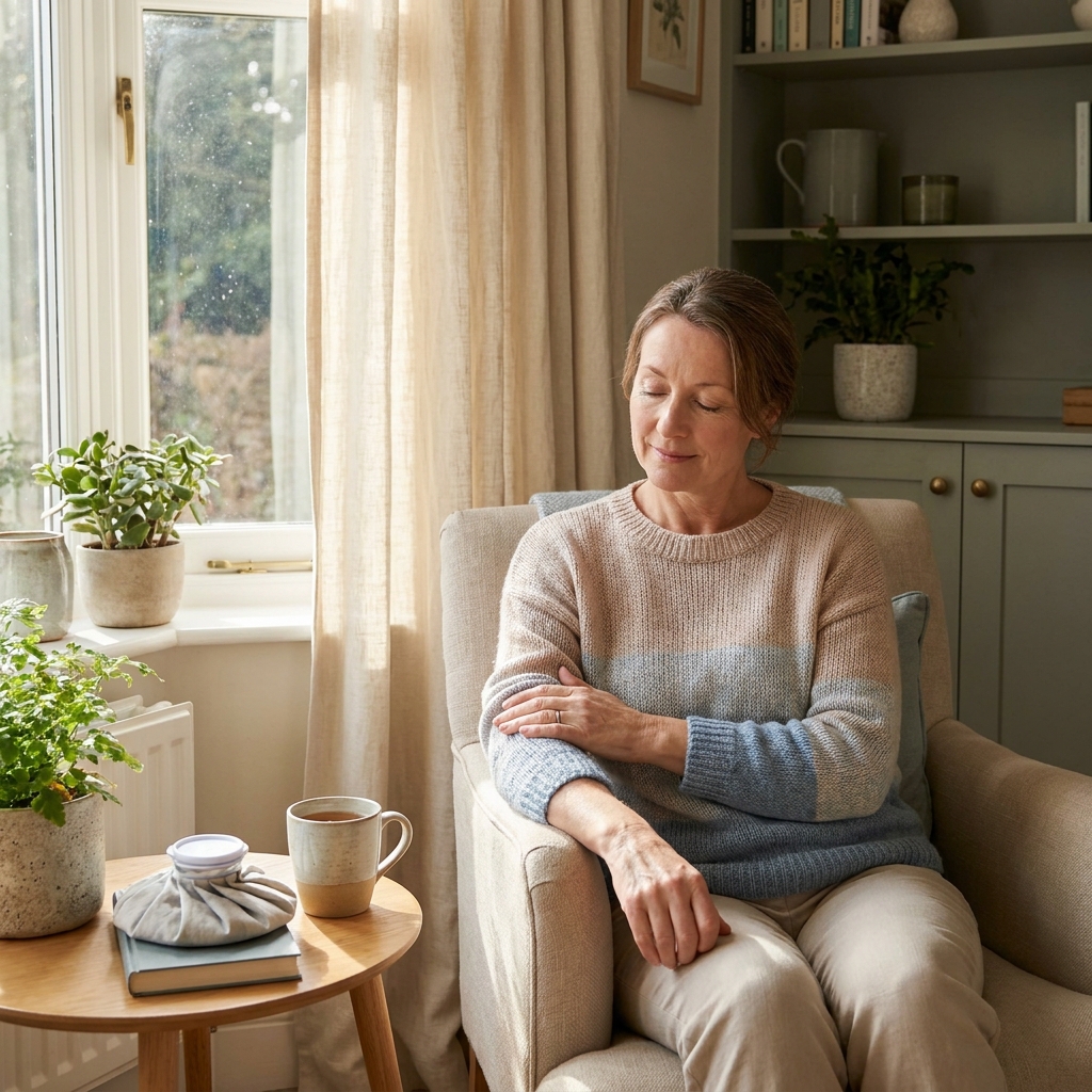Person calmly holding their shoulder at home, representing rotator cuff injury treatment home care