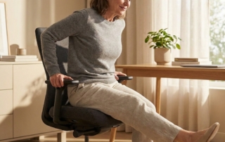 Person rising from a chair with ease, illustrating knee pain after sitting with legs bent treatment