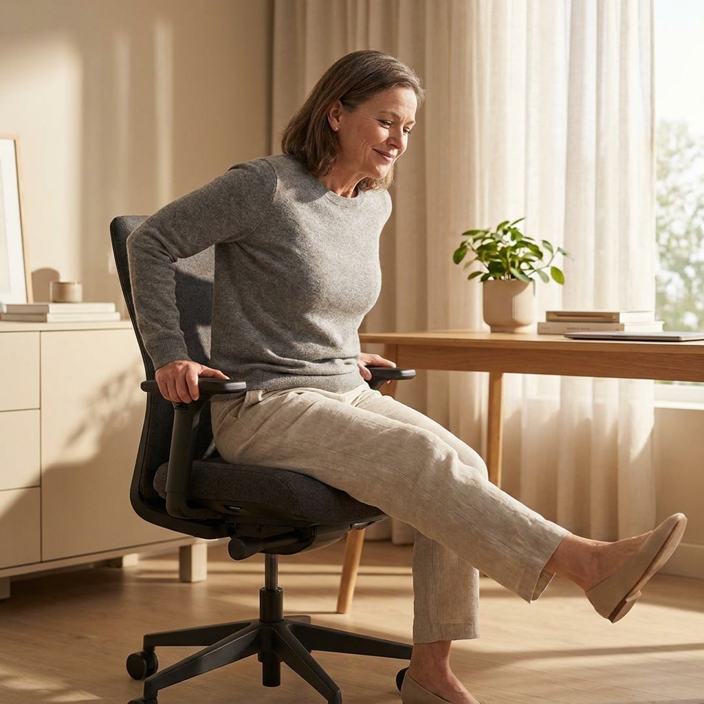 Person rising from a chair with ease, illustrating knee pain after sitting with legs bent treatment