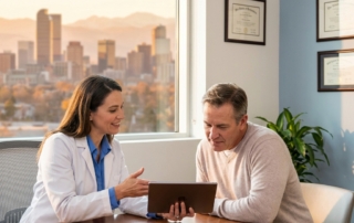 Doctor and patient consulting in Denver stem cell therapy clinic with mountain skyline view
